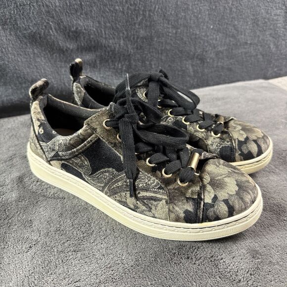 Earth Shoes - Earth Zag Floral Print Velvet Sneakers Womens Size 8 Black Gray Lace Up Comfort
